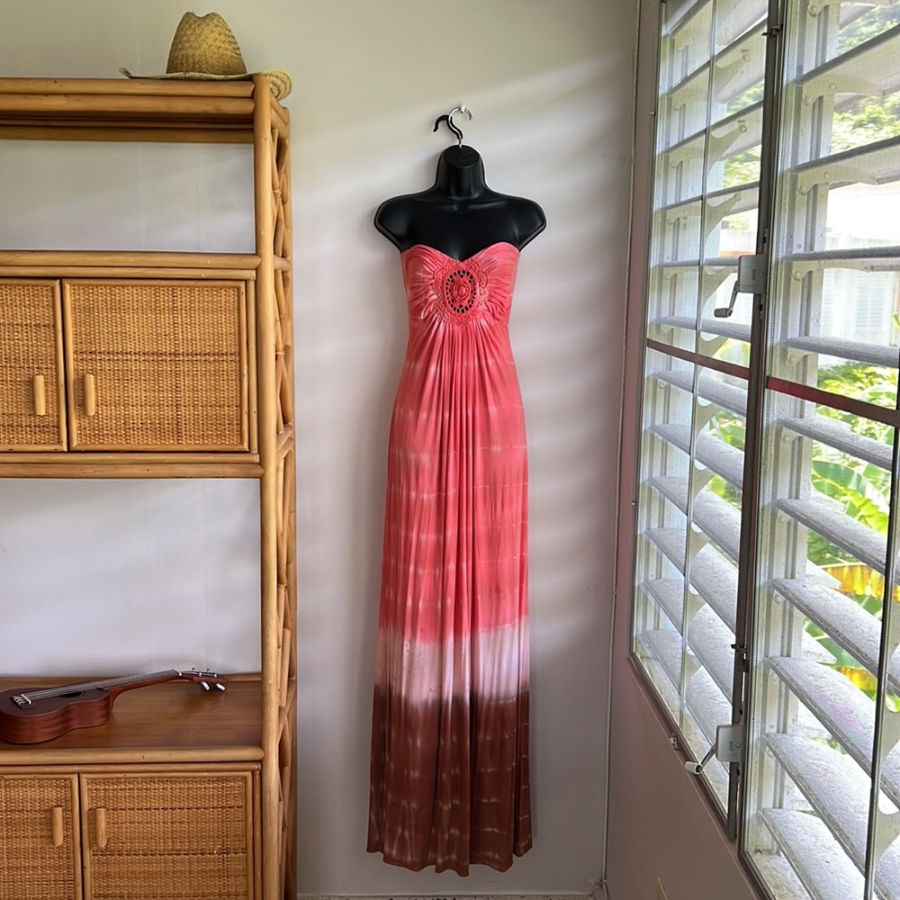 Sky Maxi - Coral/Pink/Brown Tie Die - Crochet Front - Dress